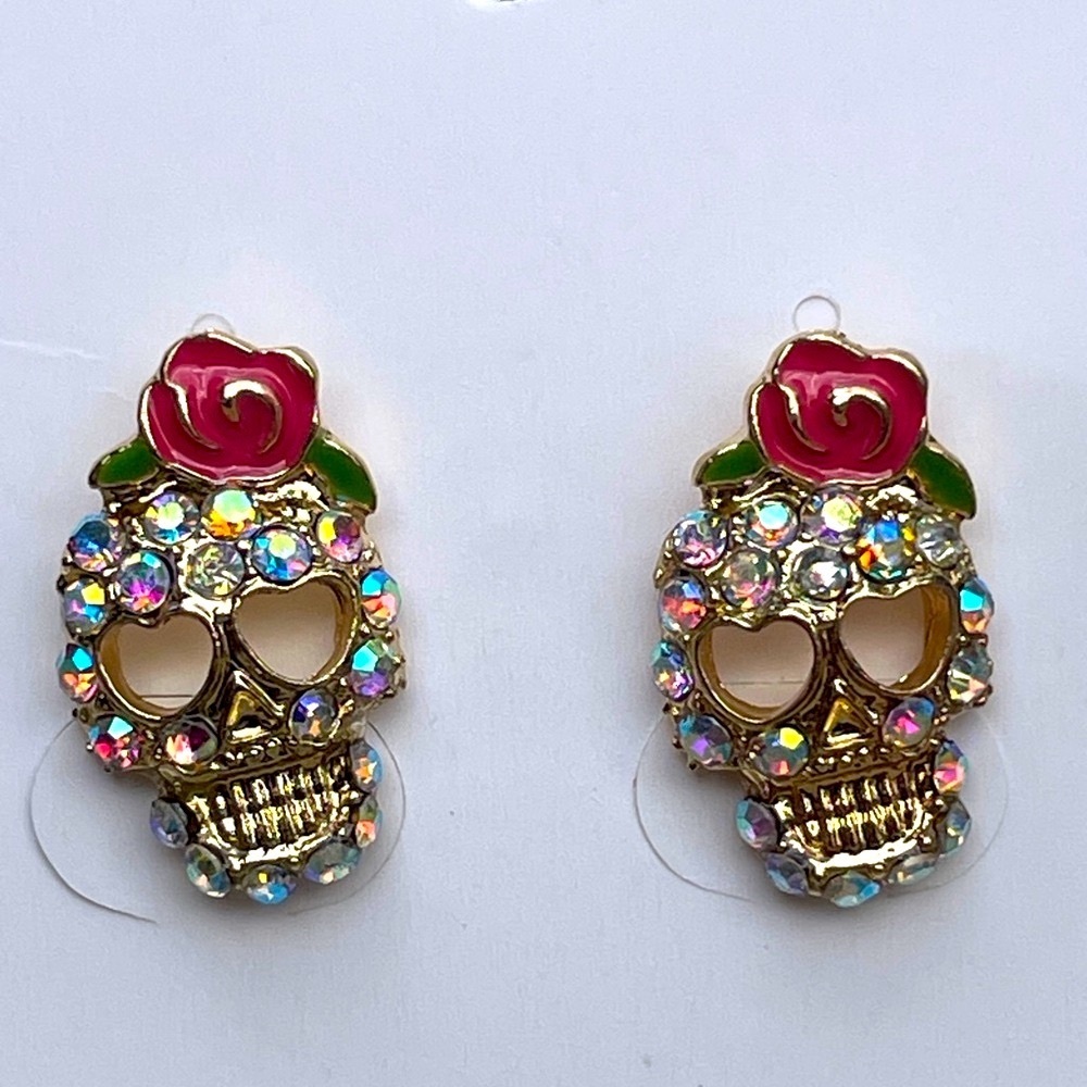 Gold Skull Rainbow Rhinestone stud earrings with Pink Rose Accents New gift